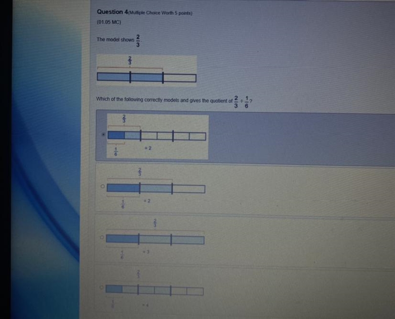 This model shows 2/3 Which of the following correctly models and gives the quotient-example-1