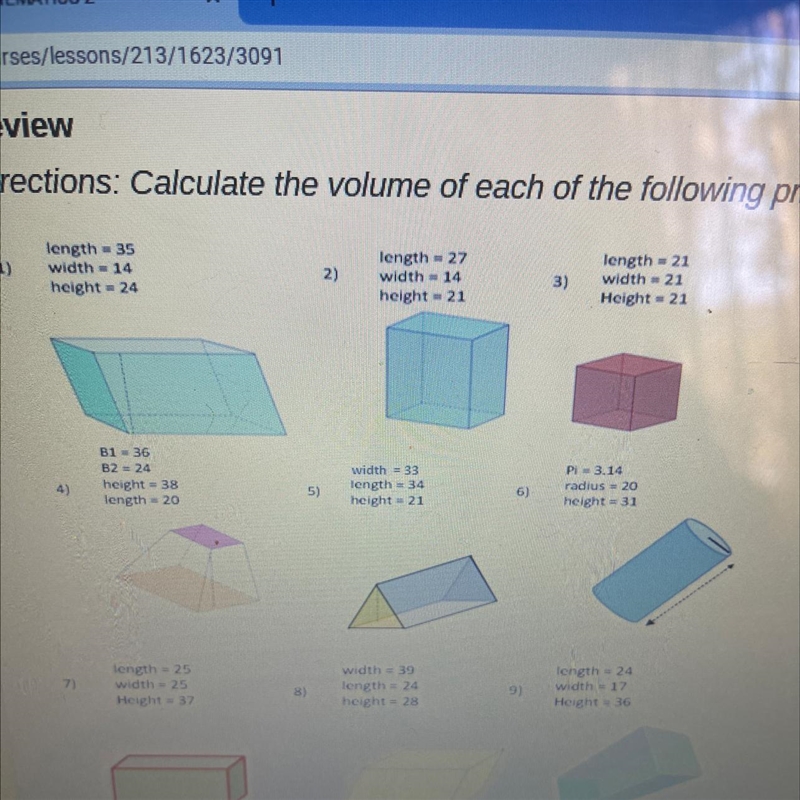 Calculate the volume of each of the following prisms. 1) length = 35 width = 14 height-example-1