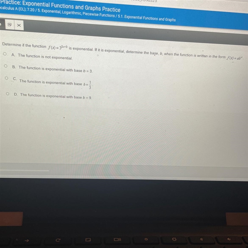 Determine if the function f(x) =3^2x-3is exponential. If it is exponential, determine-example-1