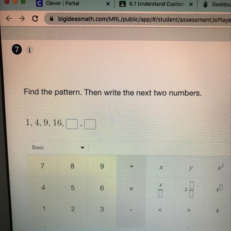 Find the pattern. Then write the next two numbers.1, 4, 9, 16,00Basic-example-1