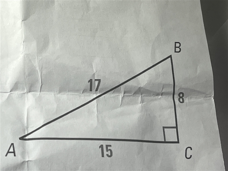 What is the consine of angle B? a. 8/17 b.15/17 c. 17/8 d. 8/15 What is the tarent-example-1