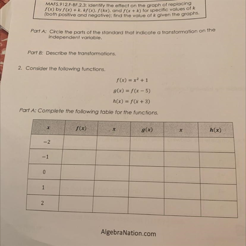 2.) Part A: complete the following table for the functions-example-1