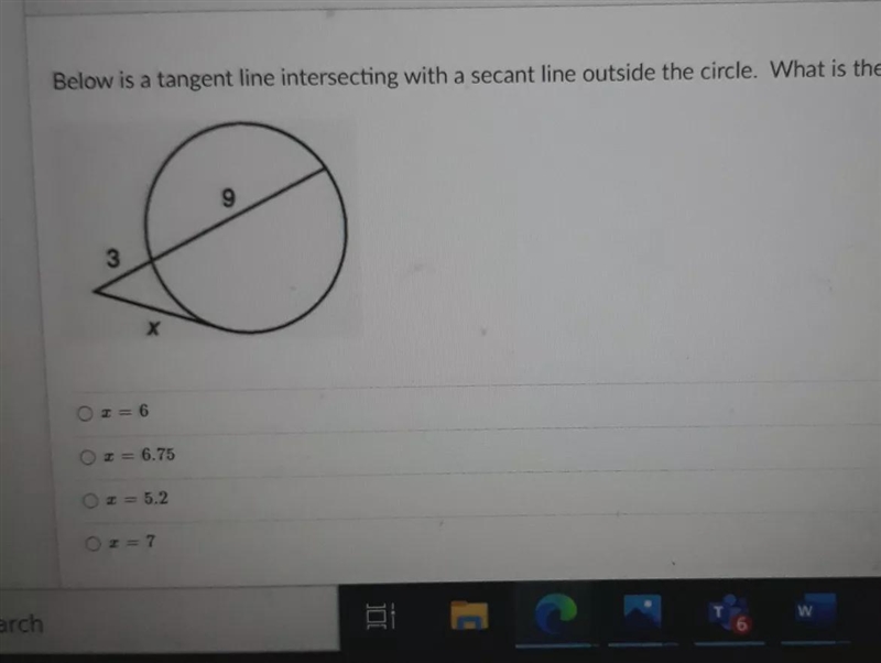 The rest of the question say what is the length of the tangent line labeled X-example-1