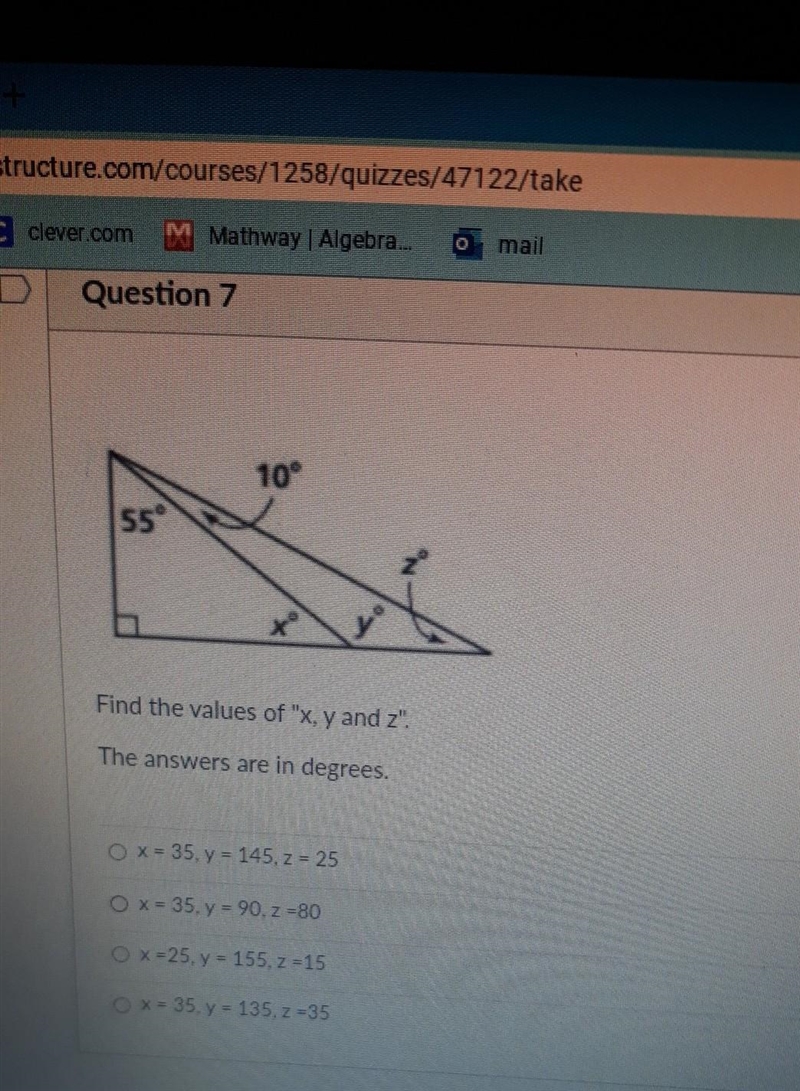 Find the values of x y and z.The answers are in degrees.-example-1