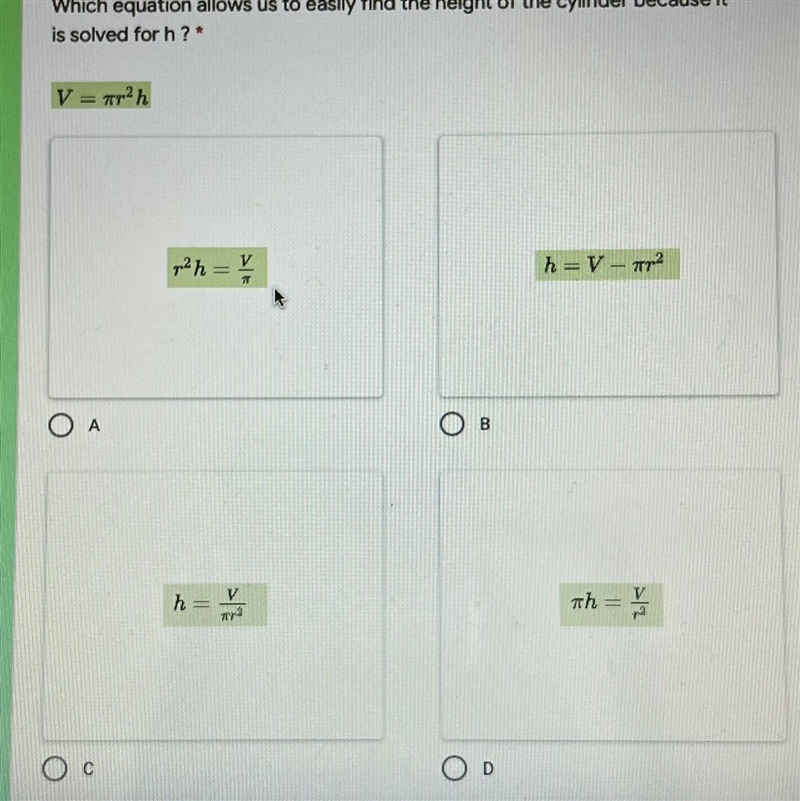 4. The equation below is an equation to calculate the volume of a cylinder,V, where-example-1