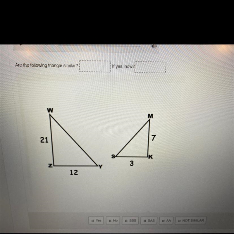 ￼are the following triangles similar? if so how? SSS- same side similarity AASAS-example-1