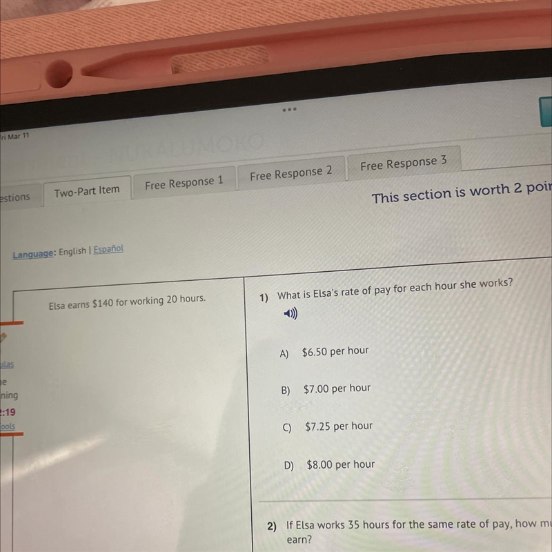 Elsa earns $140 for working 20 hours. What is Elsa's rate of pay for each hour she-example-1