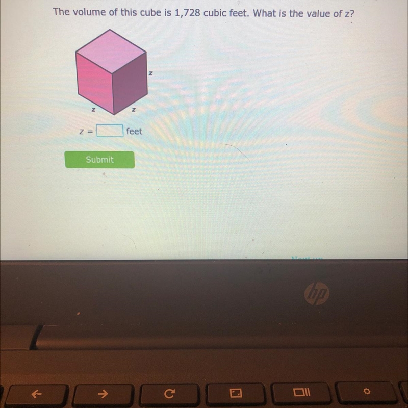 The volume of this cube is 1,728 cubic feet. What is the value of z?Z=___feet-example-1