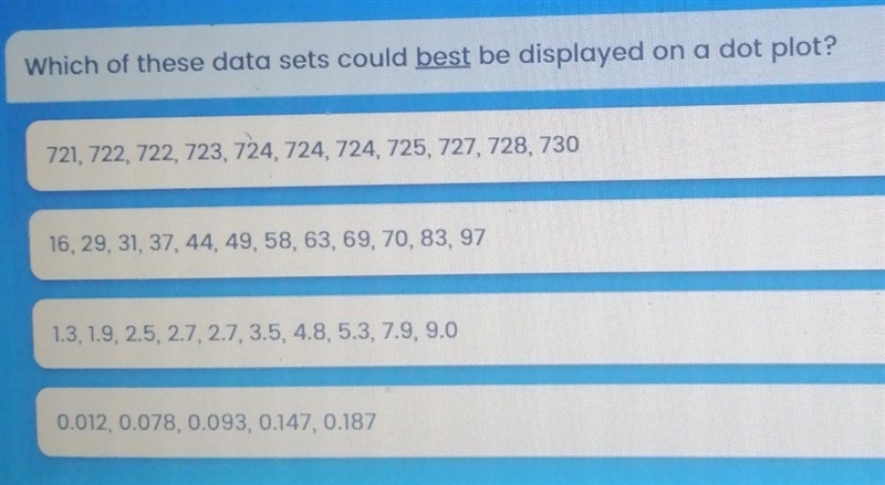 I NEED HELP ASAP Which of these data sets could best be displayed on a dot plot?721, 722, 722, 723, 724, 724, 724, 725, 727, 728, 73016, 29, 31, 37, 44, 49, 58, 63, 69, 70, 83, 971.3, 1.9, 2.5, 2.7, 2.7, 3.5, 4.8, 5.3, 7.9, 9.00.012, 0.078, 0.093, 0.147, 0.187-example-1