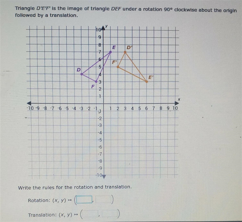 triangle D'E'F' is the image of a triangle DEF under a rotation 90° clockwise about-example-1