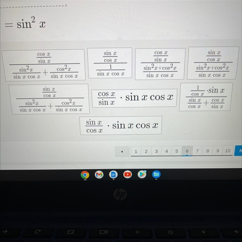 PLEASE HELP ASAP prove the identity: sec x sin x —————— =sin^2x tan x+cot x Options-example-1