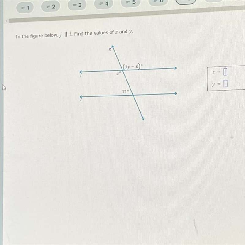 In the figure belowj || 1. Find the values of z and y. (Sy- 0) ने 71 I = 71 - 0 y-example-1