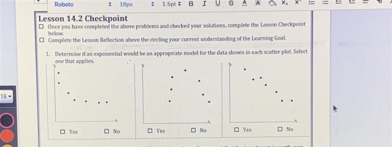 Determine if an exponential would be an appropriate model for the data shown in each-example-1