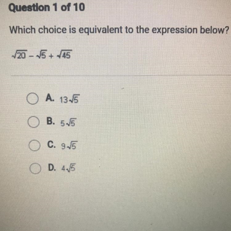 Which choice is equivalent to the expression below? square root 20 - square root 5 + square-example-1