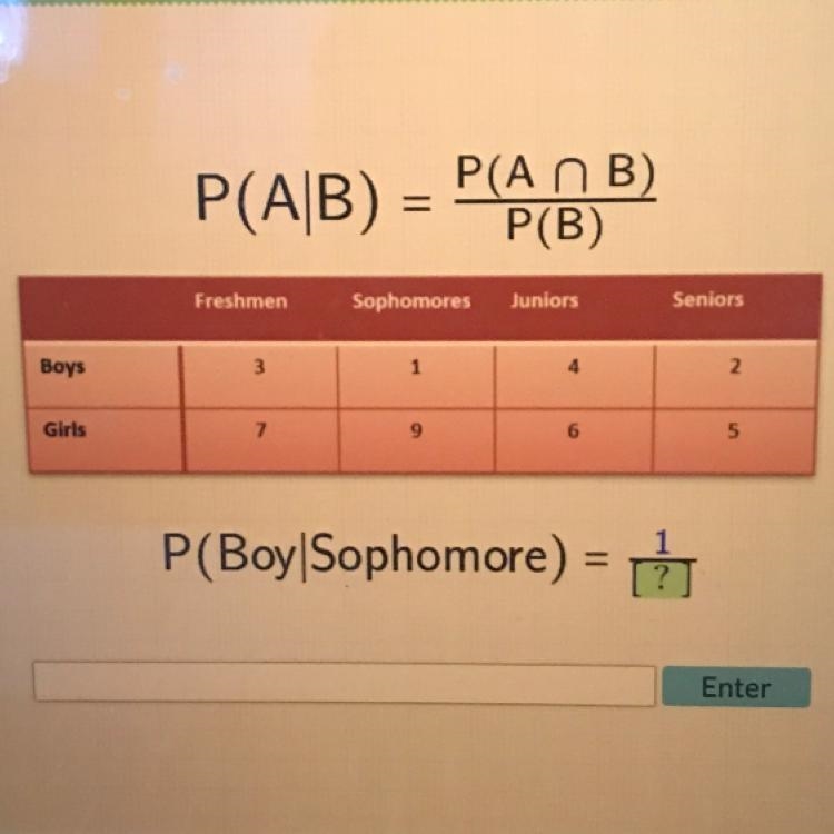 [50 points] P(AB) = P(An B)/P(B) Freshmen Sophomores Juniors Seniors Boys 3 1 4 2 Girls-example-1