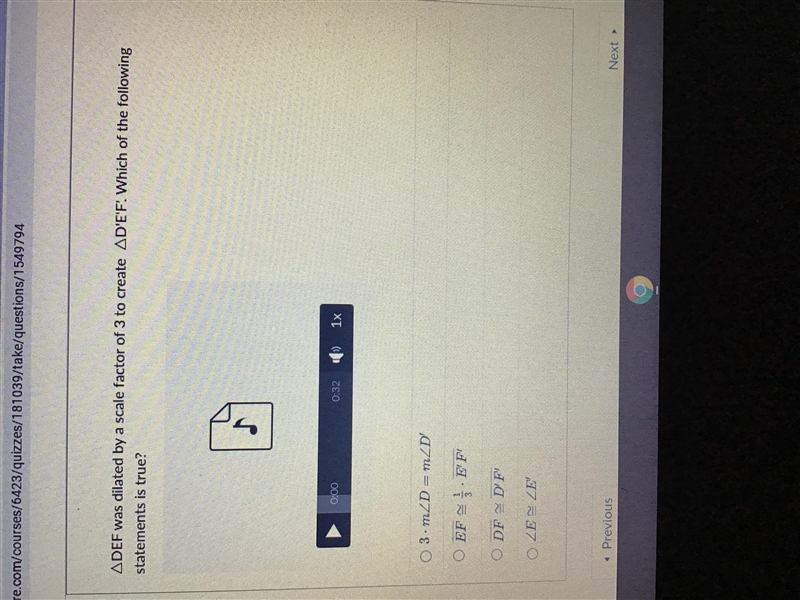 triangle DEF was dilated by a scale factor of 3 to create triangle D^ prime EF Which-example-1