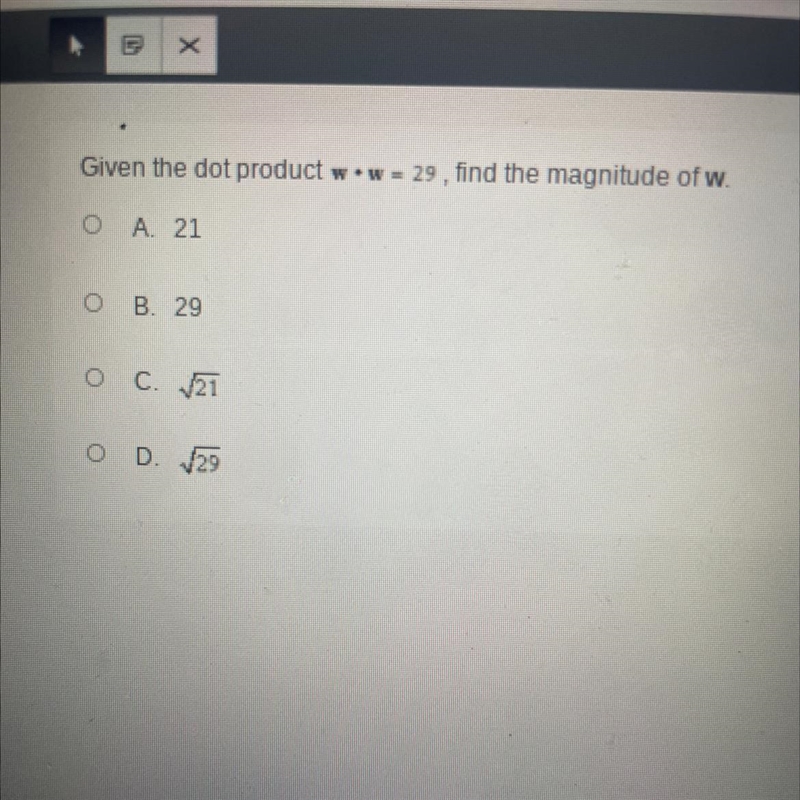 Given the dot product w•w = 29, find the magnitude of w.-example-1