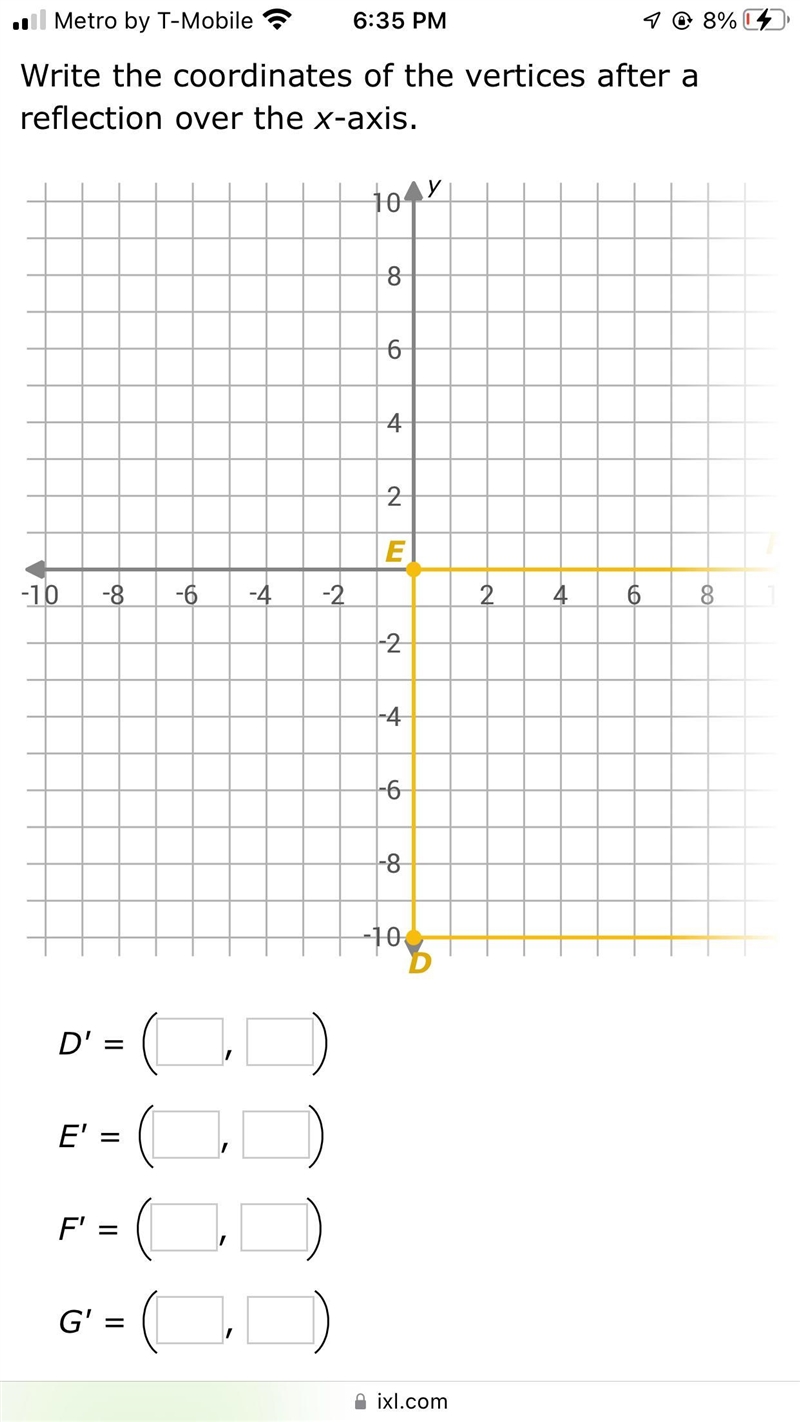 Write the coordinates of the vertices after a reflection over the x-axis.-10-8-6-4-2246810-10-8-6-4-2246810xyDEFG-example-2