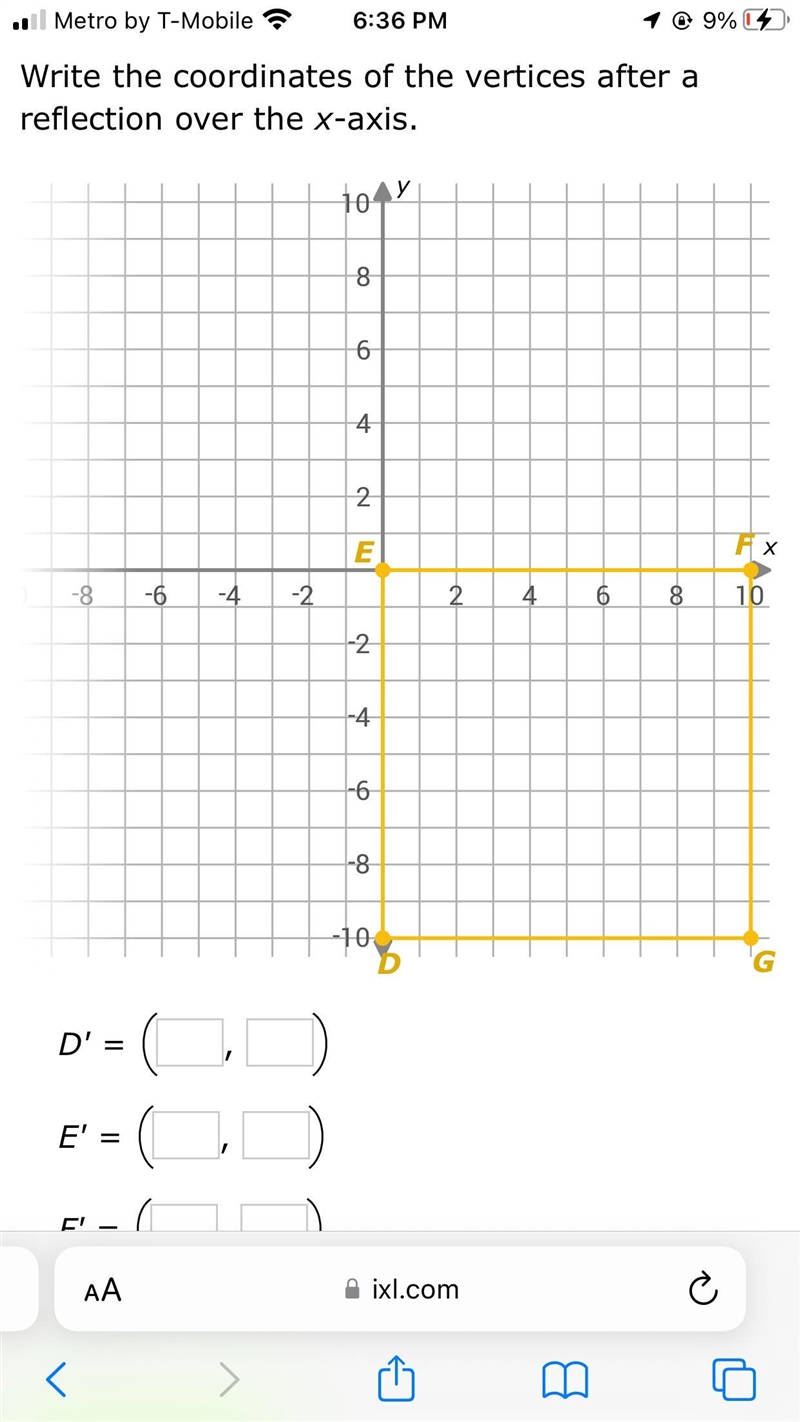 Write the coordinates of the vertices after a reflection over the x-axis.-10-8-6-4-2246810-10-8-6-4-2246810xyDEFG-example-3