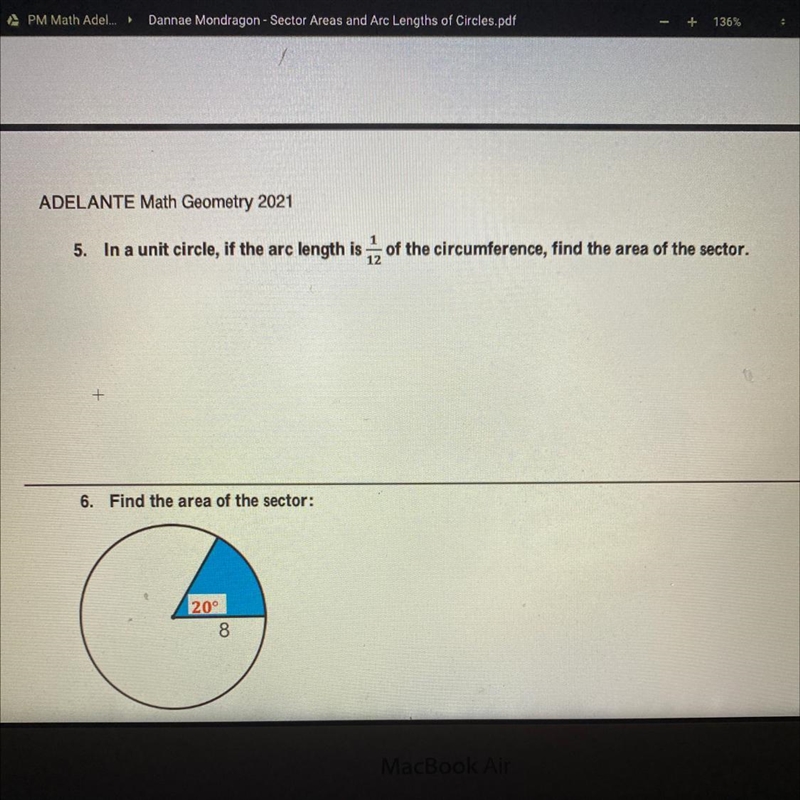 In the unit circle, if the arc length is 1/20 of the circumference, find the area-example-1