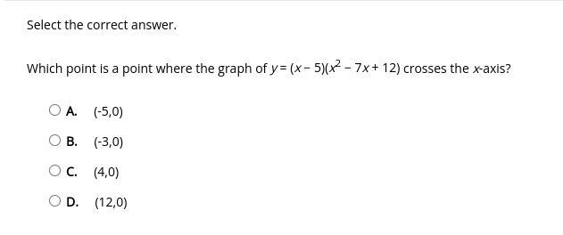 Which point is a point where the graph of y=(x-5)(x^2-7x+12) crosses the x-axis?-example-1