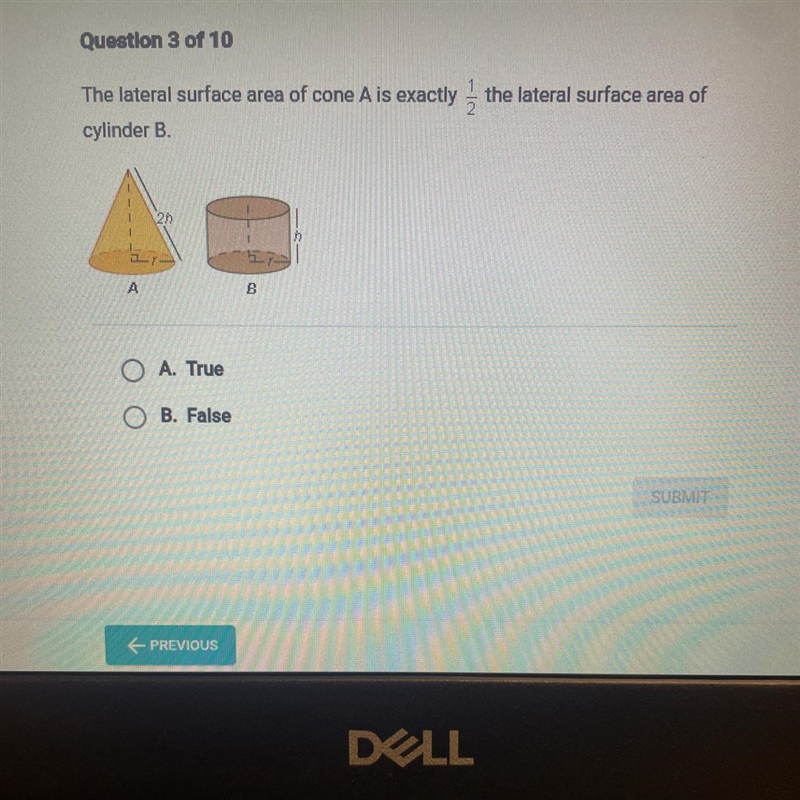 The lateral surface area of cone A is exactly 1/2 the lateral surface area of cylinder-example-1