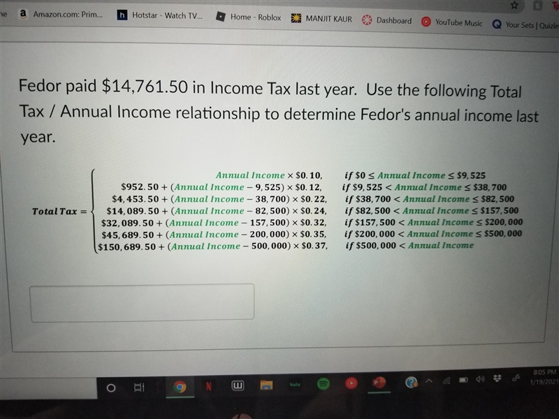 Fedor paid $14,761.50 in Income Tax last year. Use the following Total Tax / Annual-example-1