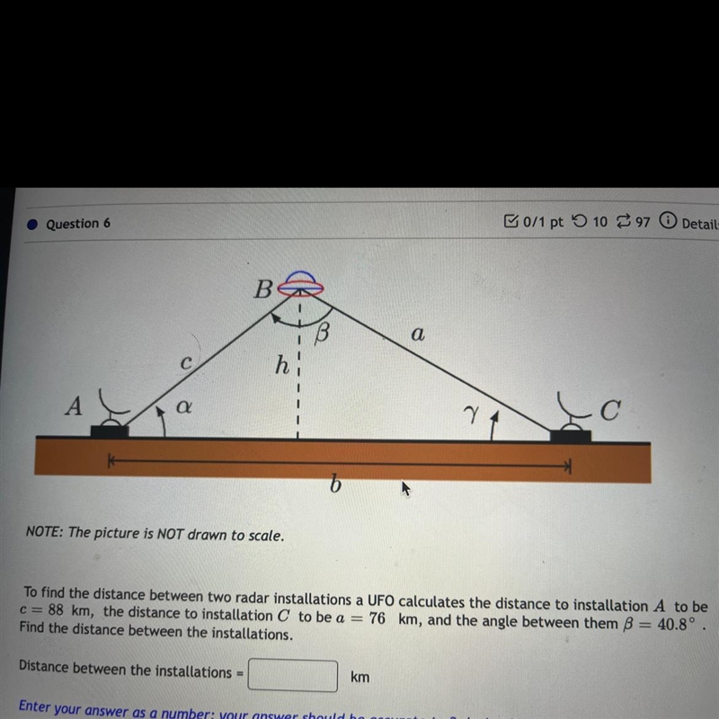 NOTE: The picture is NOT drawn to scale. To find the distance between two radar installations-example-1