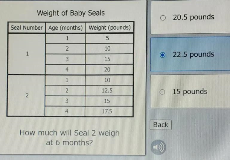 Weight of baby seals. How much will seal 2 weigh at 6 months?-example-1