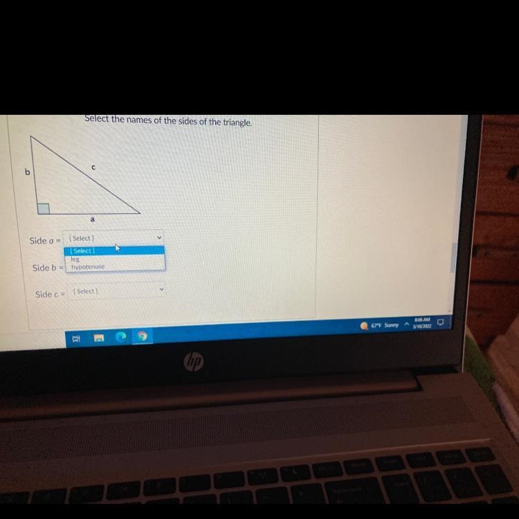 Select the names of the sides of the triangle. The 2 answer options are leg and hypotenuse-example-1