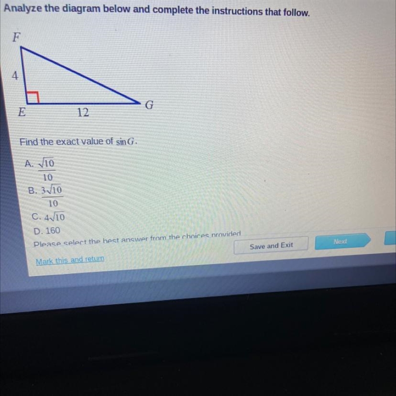 Find the exact value of sin G.A. √1010B. 3√1010C. 4√10D. 160-example-1