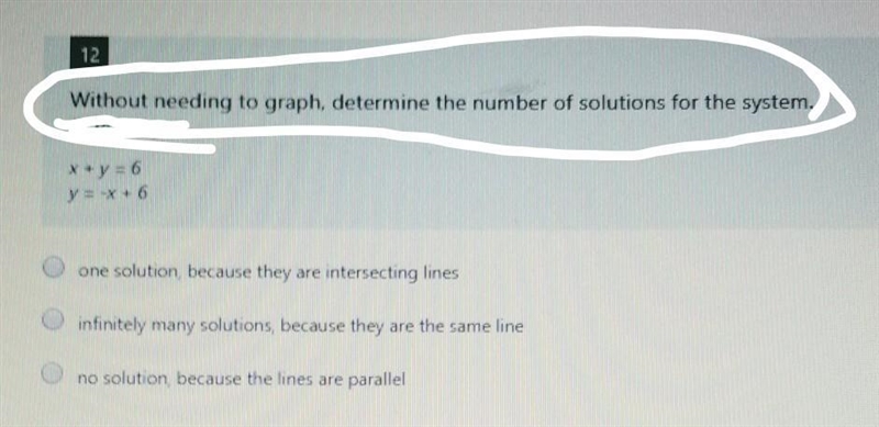 Without needing to graph determined the number of solutions for this system-example-1