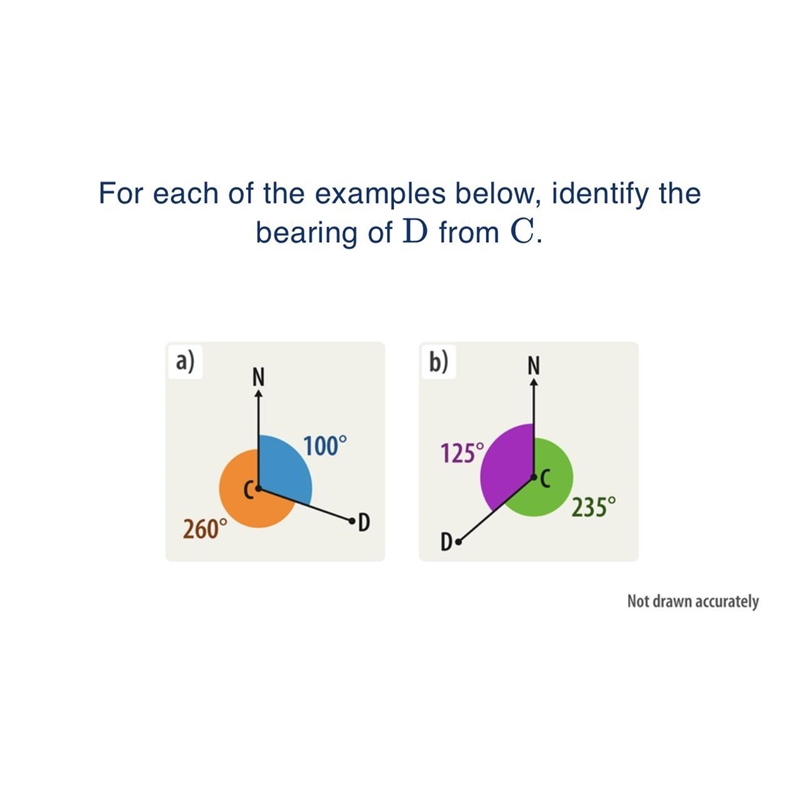 For each of the examples below, identify the bearing of D from C. a) b) N N 100° 125° C-example-1