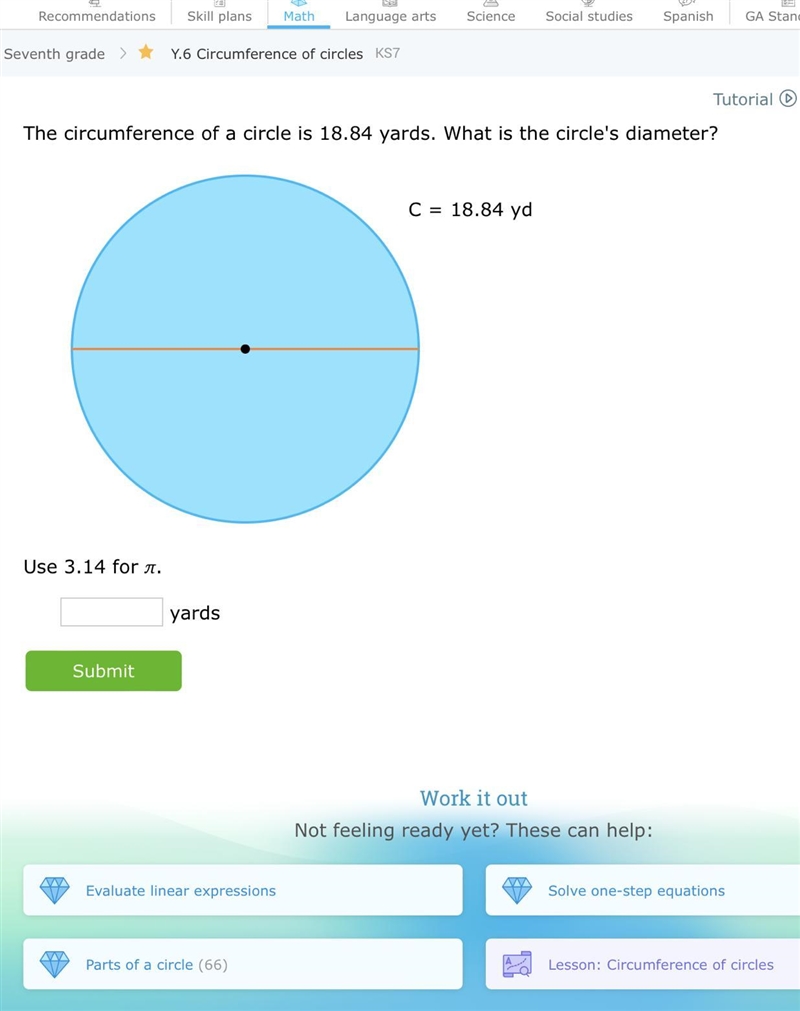 The circumference of a circle is 18.84 yards. What is the circle's diameter?-example-1