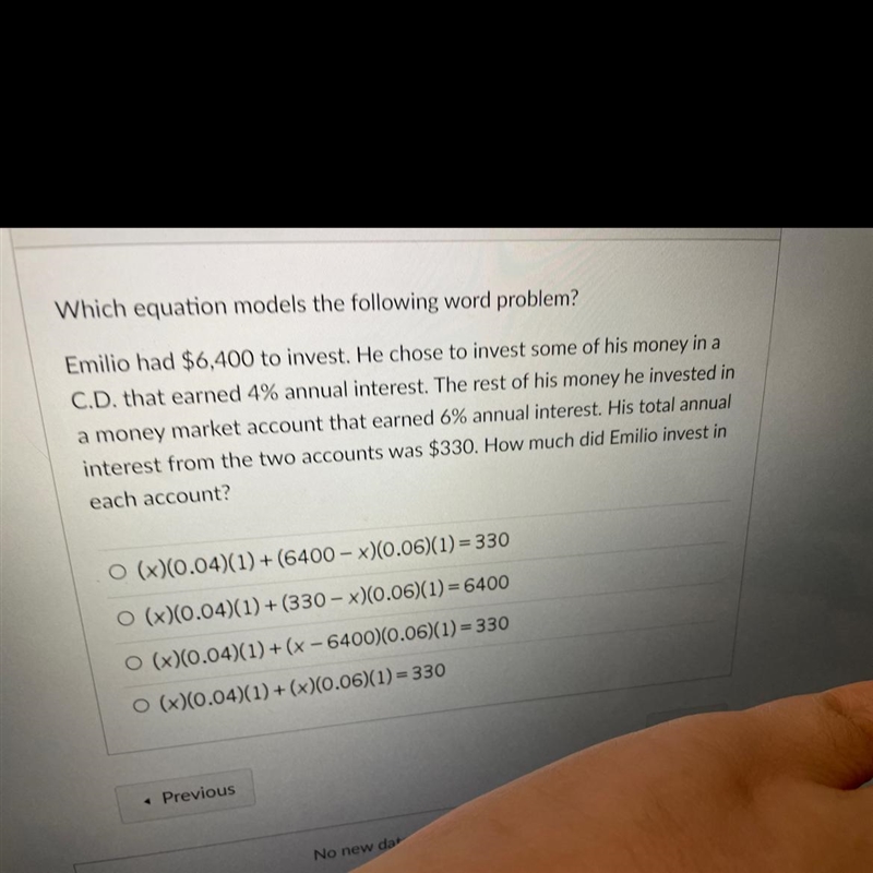 I equation models the following word problem?had $6,400 to invest. He chose to invest-example-1