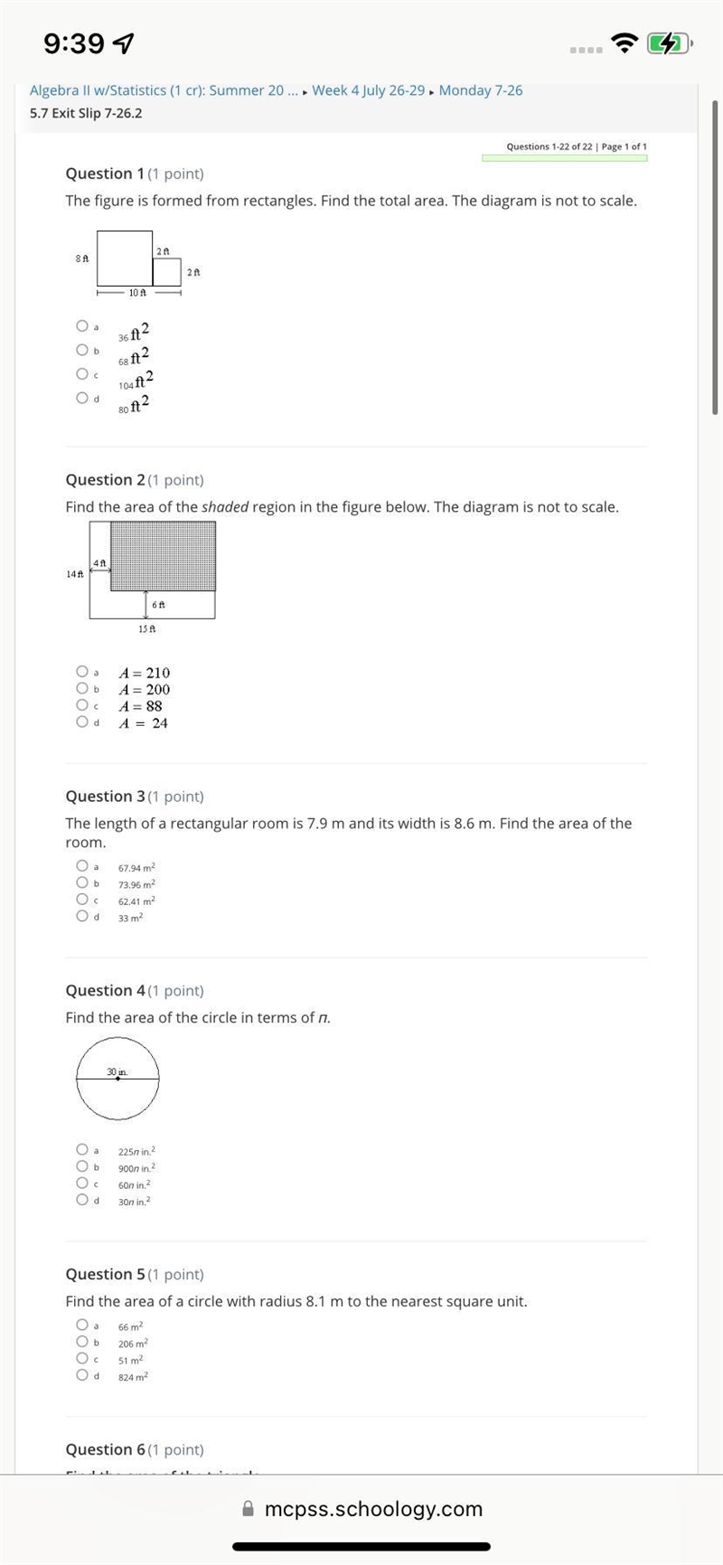 Question 2 (1 point)Find the area of the shaded region in the figure below. The diagram-example-1