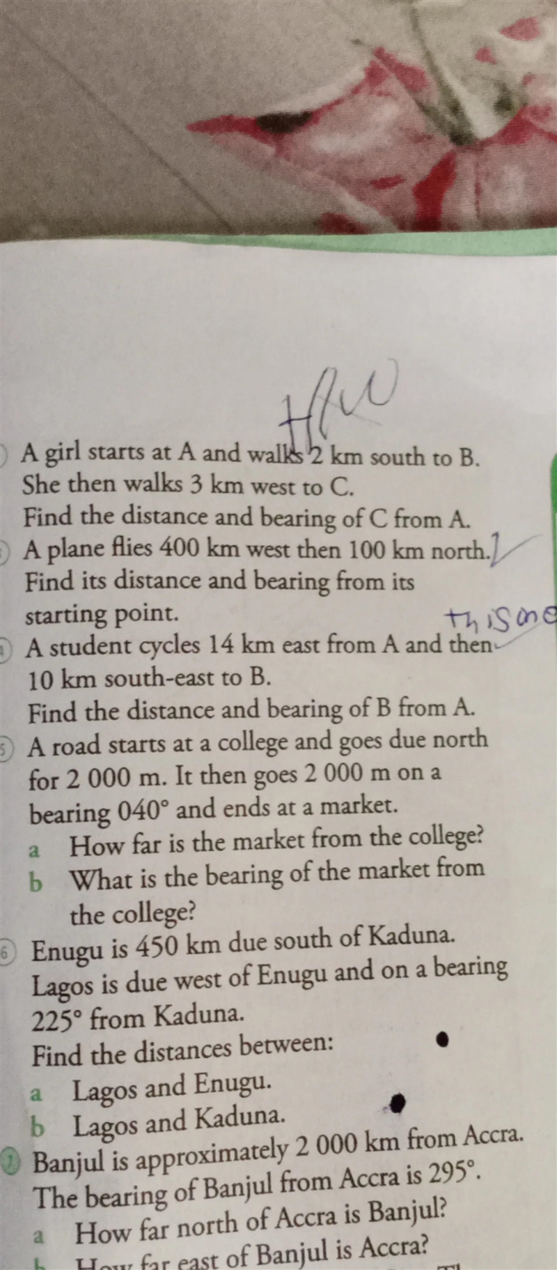 A student cycle 14km east from a and then 10km south east find the distance and bearing-example-1