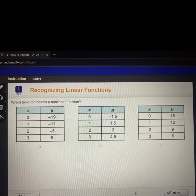 Try it ognizing Linear Functions CO Which table represents a nonlinear function? . . . 0 y-example-1