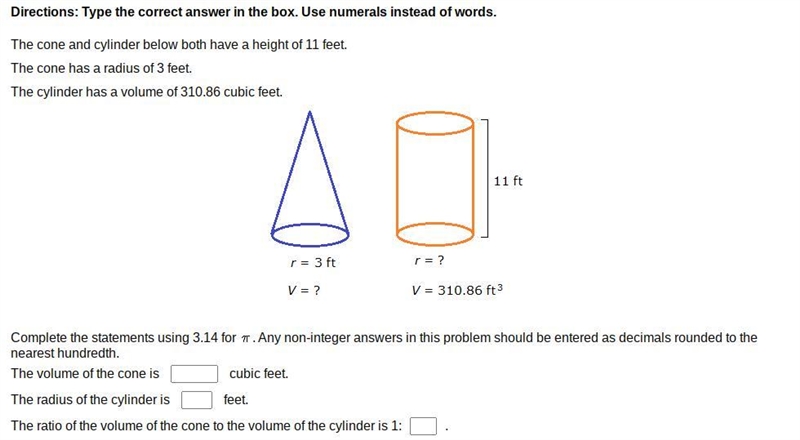 The cone and cylinder below both have a height of 11 feet. The cone has a radius of-example-1