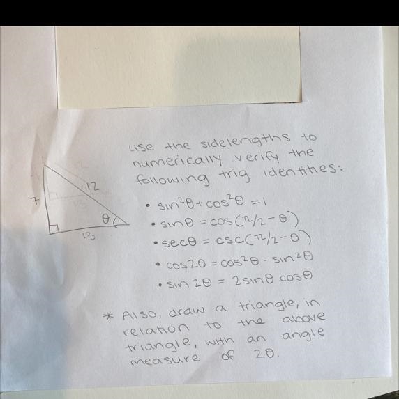 Use the side lengths of the triangle to numerically verify the following trig identities-example-1