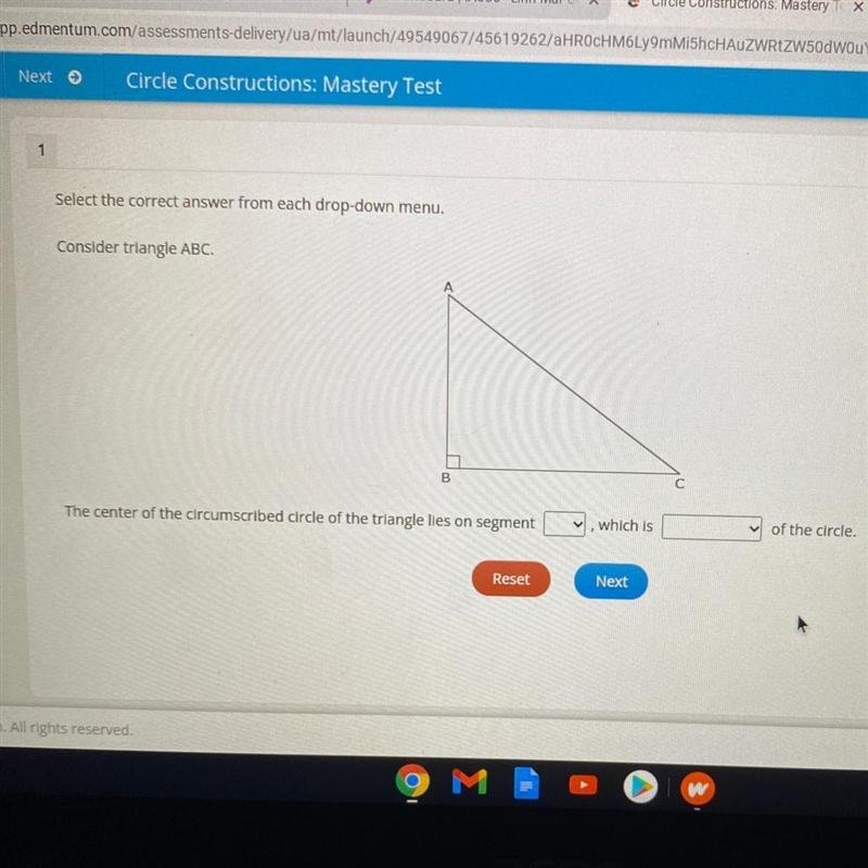 HELP!! Select the correct answer from each drop-down menu. Consider triangle ABC The-example-1