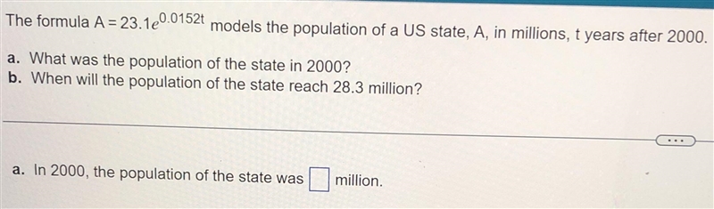 The formula A=23.1 е⁰⁰¹⁵²⁺ models the pollution of US state, a, in millions ,t years-example-1