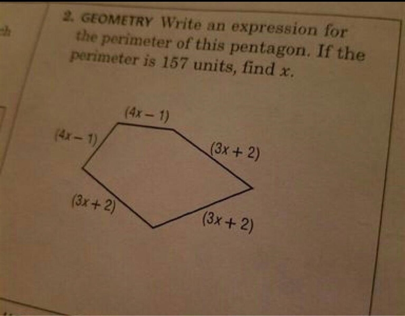 Write an expression for the perimeter of this pentagon. if the perimeter is 157 united-example-1