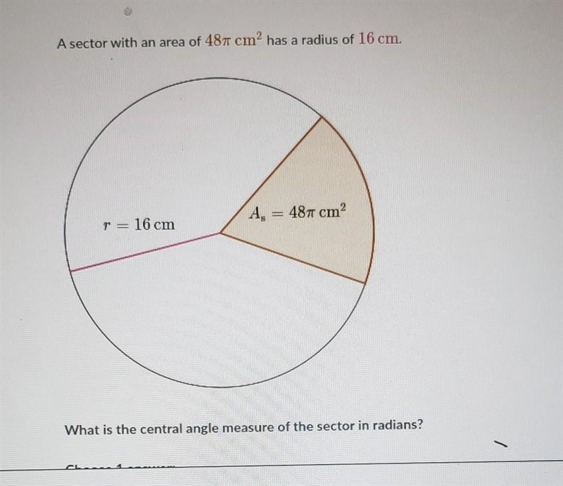 What is the central angle measure of the sector in radians-example-1