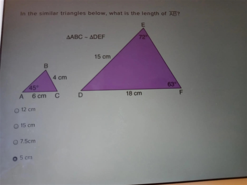 In the similar triangles below, what is the length of AB?-example-1