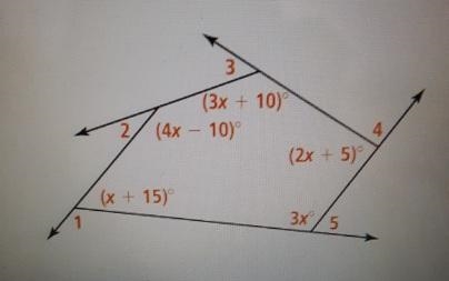 What are the measures of the exterior angles of the polygon shown? 1. (x + 15)° 2. (4x-example-1