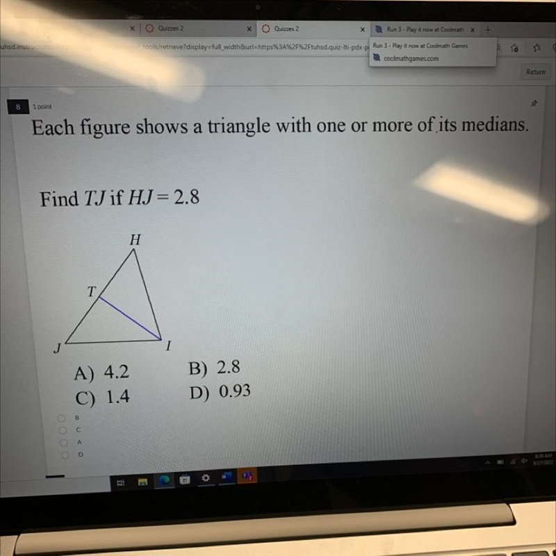 Find TJ if HJ=2.8 A-4.2 B-2.8 C-1.4 D-0.93-example-1