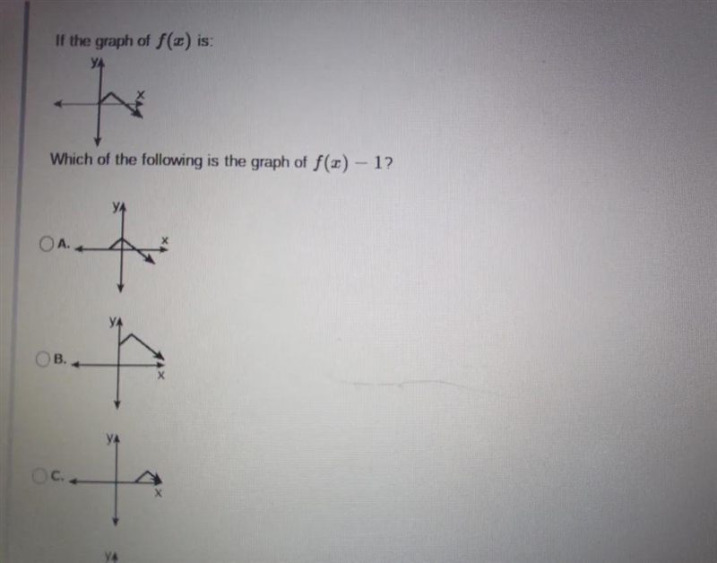 If the graph of f(x) is: Which of the following is the graph of f(x) - 1? A. - K-example-1