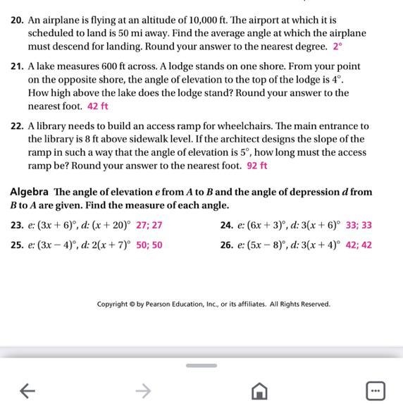 The angle of elevation e from A to B and the angle of depression d from B to A are-example-1