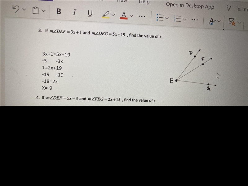 If m angle DEF =5x-3 and m angle FEG=2x+15, find the value of x-example-1